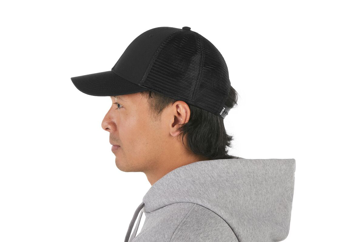 recycled-poly-low-profile-trucker-hat-s1 WebPDP-HAT002002_Recycled_Poly_Low_Profile_Trucker_Hat_Black_Studio_Harper_Studios_0723_Back__HAT002002OS.jpg