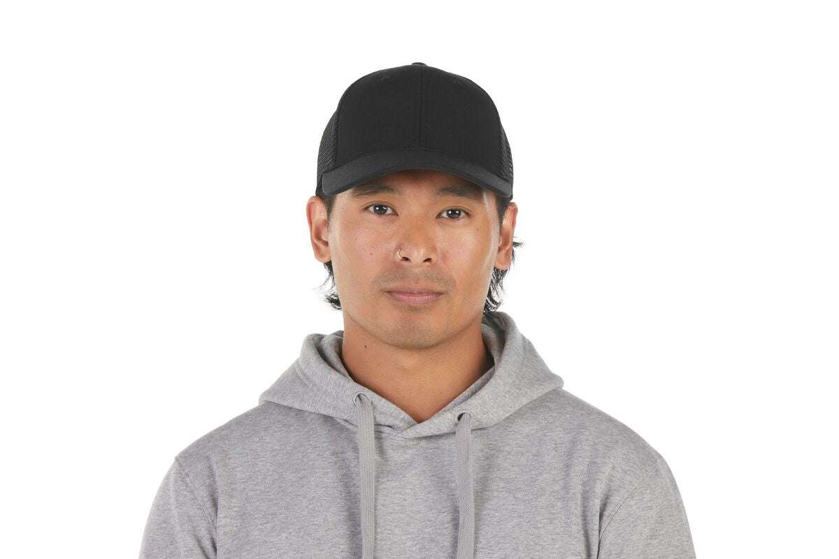 recycled-poly-low-profile-trucker-hat-s1 WebPDP-HAT002002_Recycled_Poly_Low_Profile_Trucker_Hat_Black_Studio_Harper_Studios_0723_Front__HAT002002OS.jpg